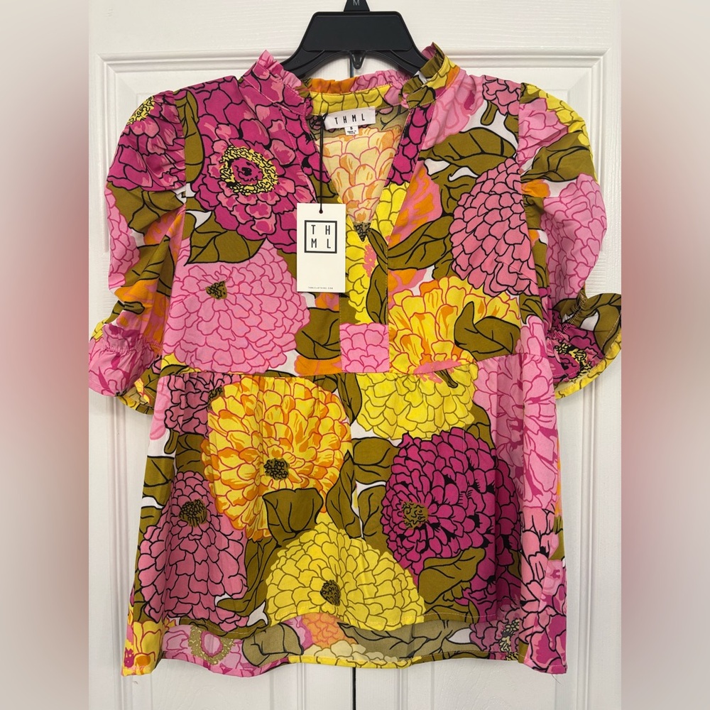 THML Pink Yellow Floral Puff Sleeve Blouse - Picture 2 of 6